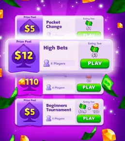Purple, green, and gold Solitaire Smash screen showing prize pool amounts, high bets, and entry fees. 
