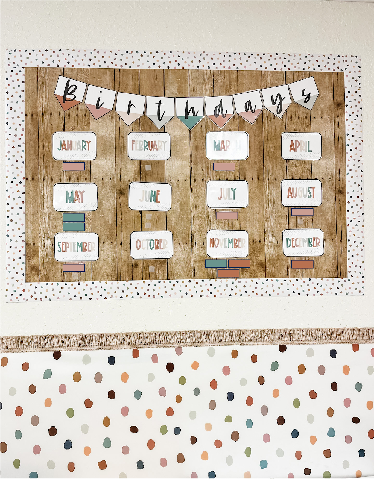 This image shows a bulletin board display with a heading reading "Birthdays". There is a card for each month of the year with smaller cards for student names underneath. The letters on the month cards are in simple, neutral colors. 