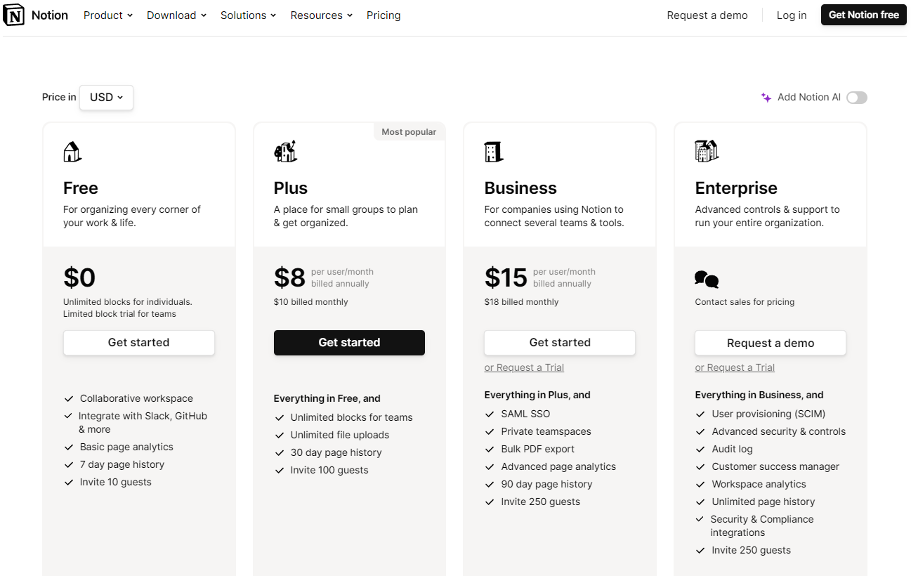 Pricing Plans for Notion