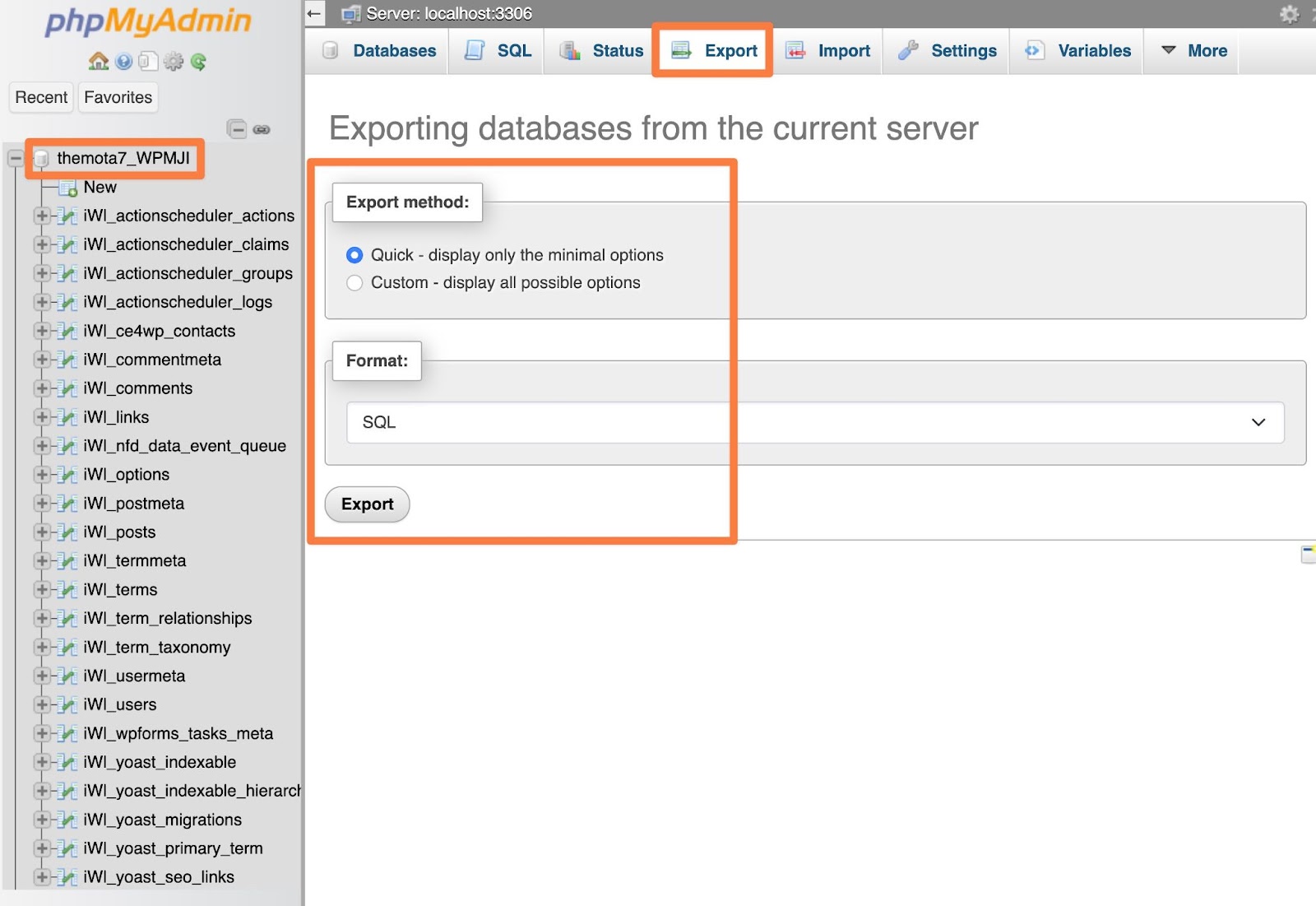 How to backup your WordPress database using phpMyAdmin.