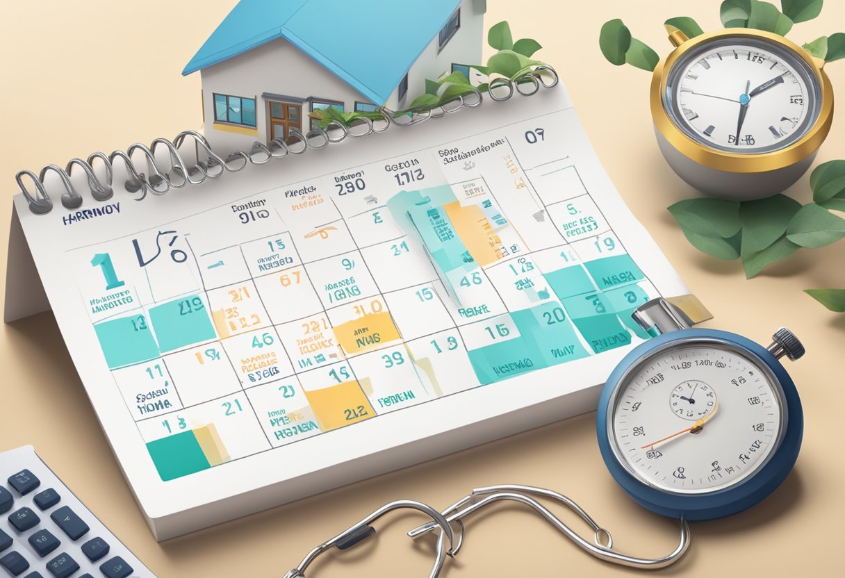 A calendar with days crossed off, showing a quick sale timeline. A stopwatch with a fast closing time. The words "Harmony Home Buyers" in bold letters