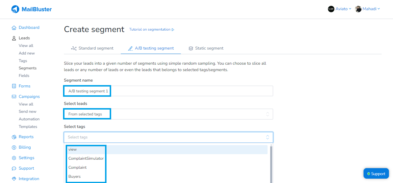 Select tags options in the A/B testing segment in MailBluster