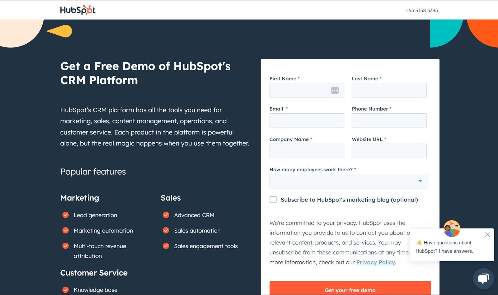 a screenshot of hubspot website