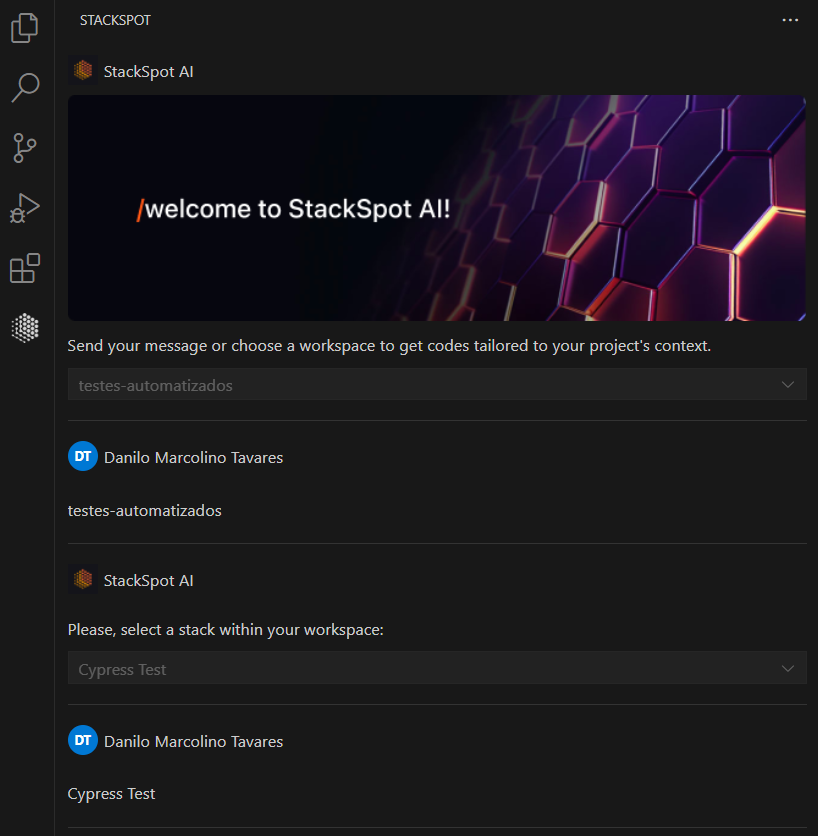 Imagem da tela de boas vindas da StackSpot AI no Visual Studio Code (VSCode), com Workspace e Stack AI já selecionados.