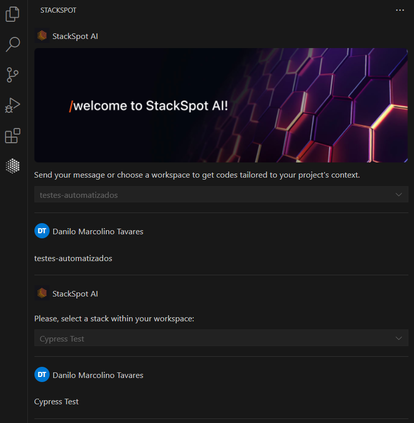 Imagem do artigo sobre teste de aceitação com imagem da tela de boas vindas da StackSpot AI no Visual Studio Code (VSCode), com Workspace e Stack AI já selecionados.