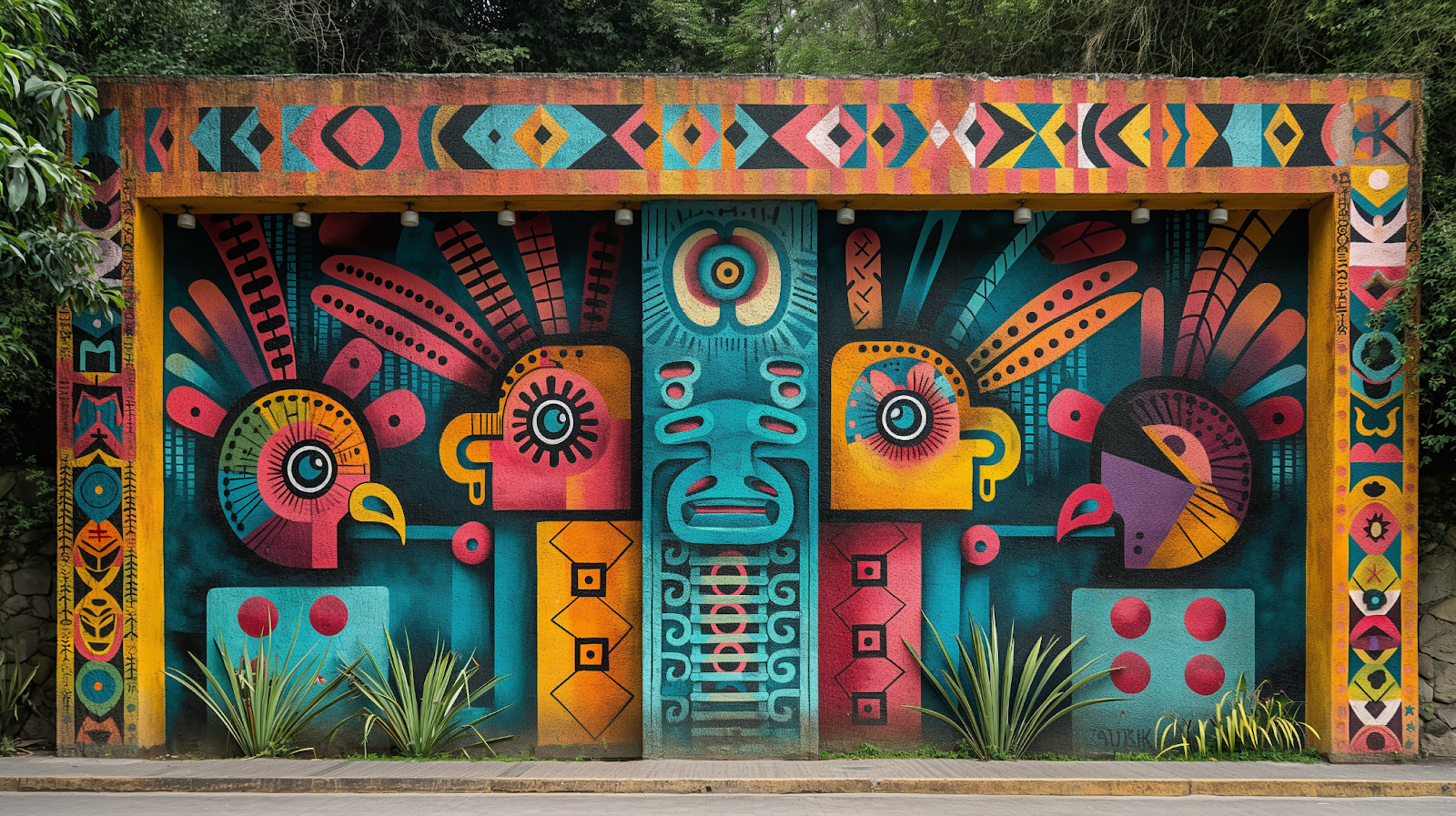 Colorful street mural in Mexico City showcasing Aztec mythology and cultural symbols.