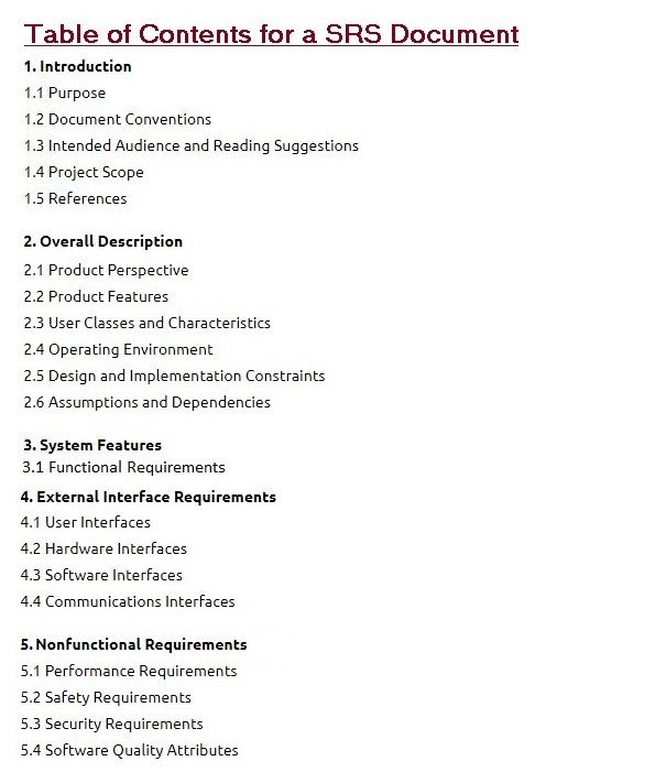 SRS table of contents