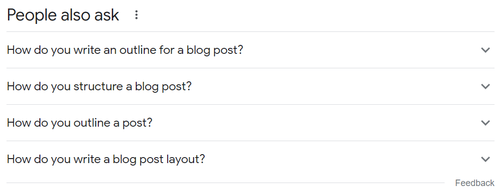 People Also Ask section for the keyword "creating blog post outline"