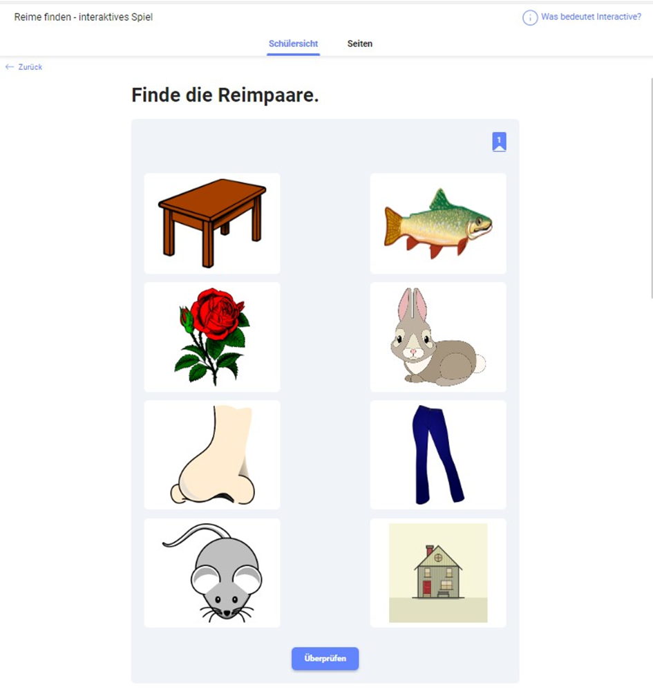 Screenshot eines Eduki Interactives zum Thema 'Finde die Reimpaare'. Die Übung zeigt acht unterschiedliche Bilder: einen Tisch, einen Fisch, eine Rose, einen Hasen, einen Fuß, eine Hose, eine Maus und ein Haus. Die Aufgabe für den Schüler ist es, die Bilder zu paaren, die sich reimen. Unter den Bildern befindet sich ein Button mit der Aufschrift 'Überprüfen'.