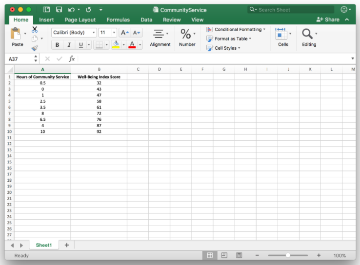 An Excel sheet with the given data listed.