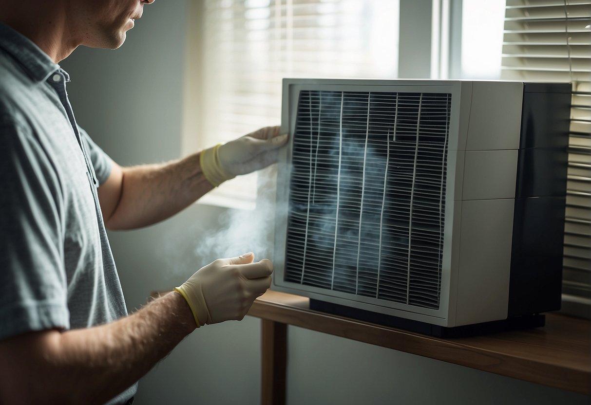 A clean air filter is inserted into a home air conditioning unit, removing dust and allergens from the air. Sunlight streams through a window, illuminating the improved indoor environment