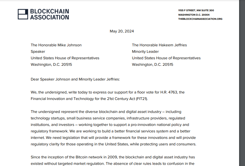 letter from the Blockchain Association urges a House vote on the FIT21 Act to establish regulations for blockchain/digital assets