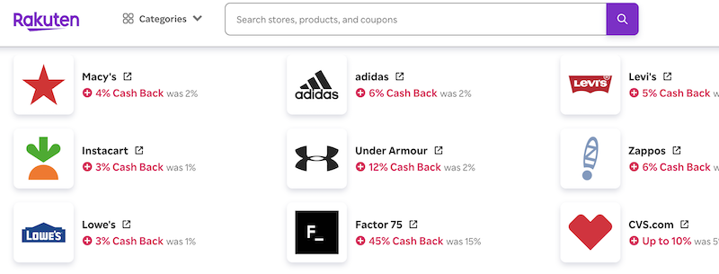Screenshot of Rakuten savings, like 4% cashback at Macy’s