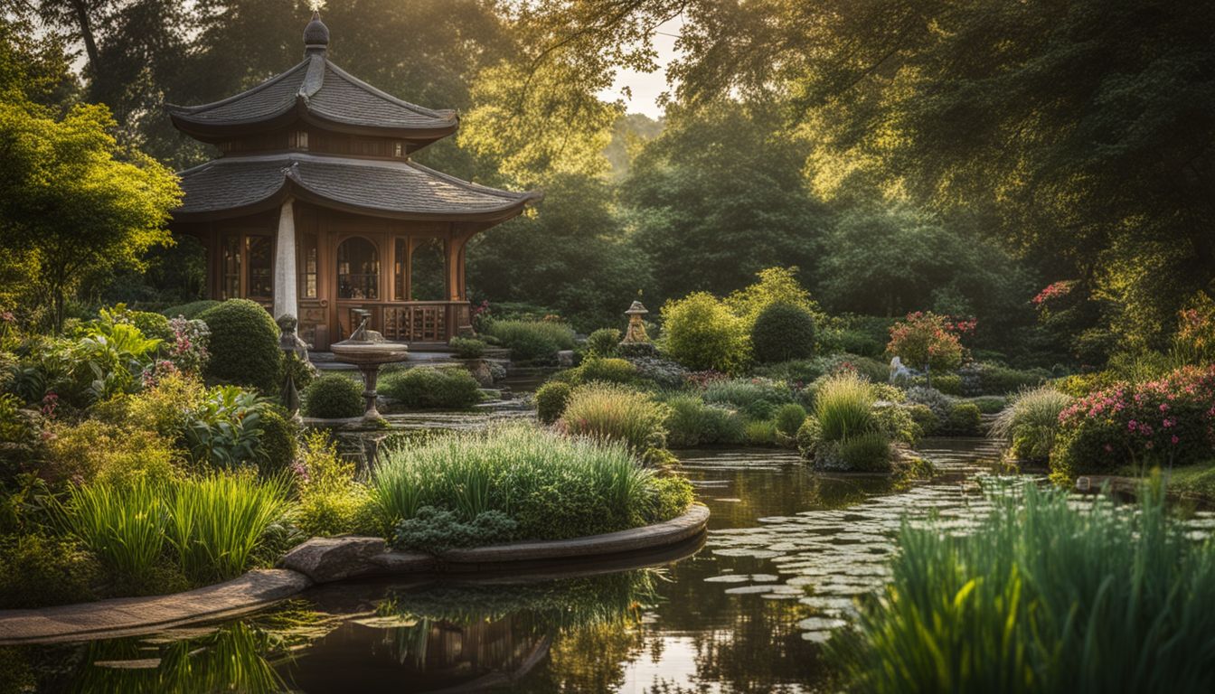 A luscious garden with a serene pond and people in various outfits.