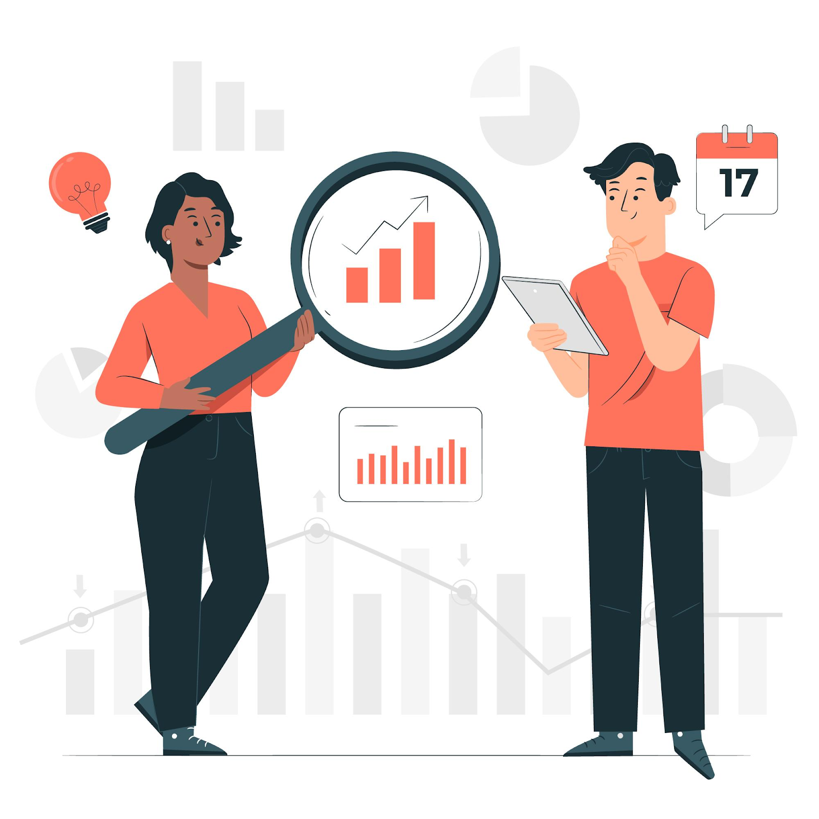 man and woman talking about analytics animated picture