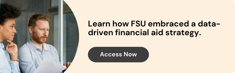 ID: On the left are two people in business attire talking and looking over papers. On the right is text that reads "Learn how FSU embraced a data-driven financial aid strategy" and a button that says "Access Now".