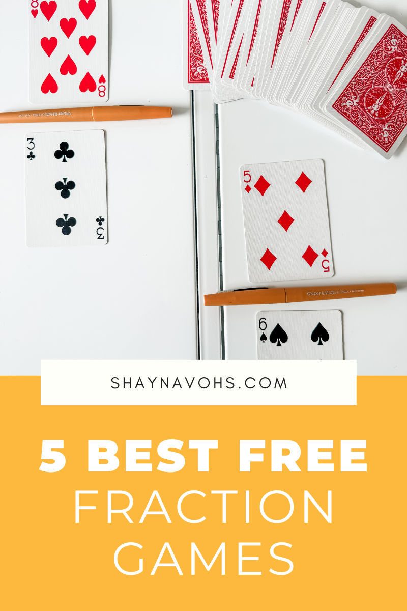 This image shows a deck of cards with four flipped over to create two different fractions. The text at the bottom of the image reads "5 Best Free Fraction Games". 