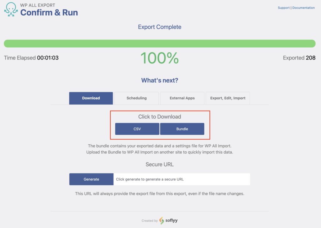 Export Meta Box Custom Fields Export Complete Screen