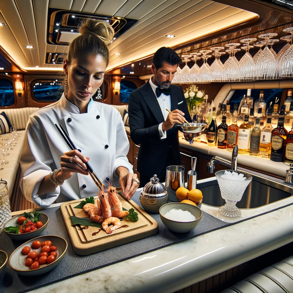 A chef and bartender preparing exquisite food and drinks on a luxury yacht in Los Cabos.