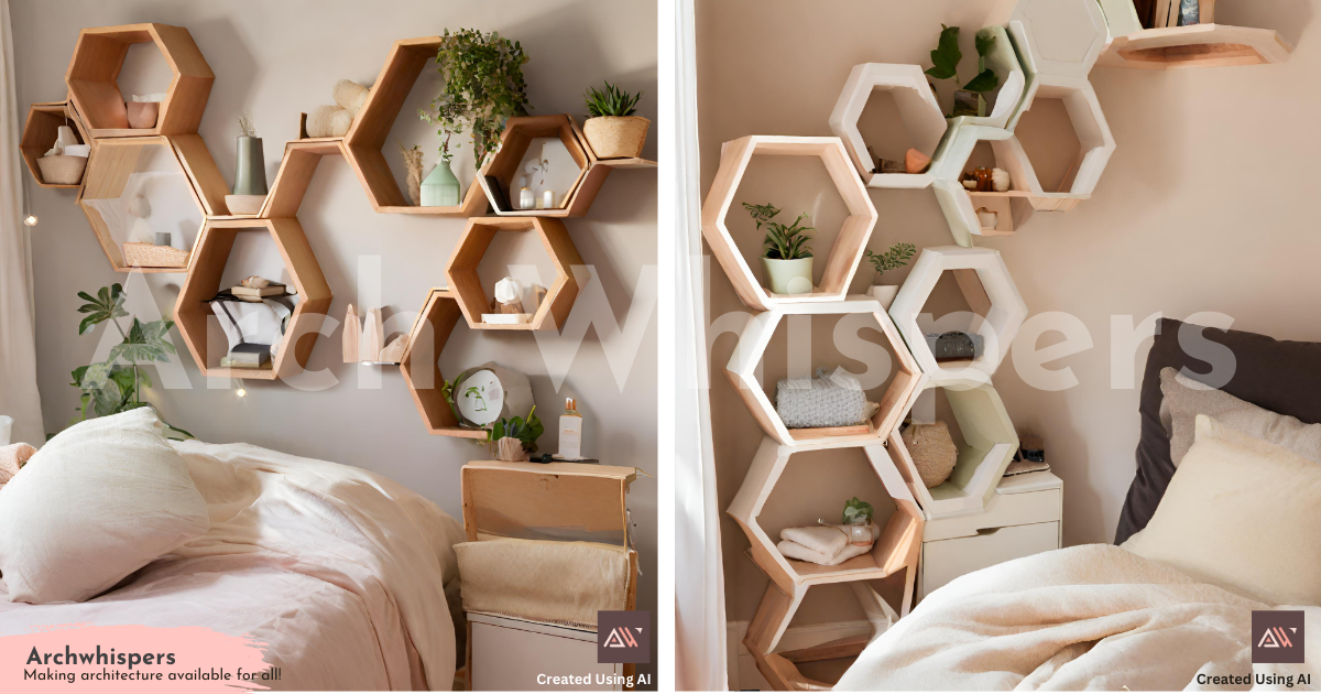 A Collage of a Room With Wooden Hexagonal Shelves