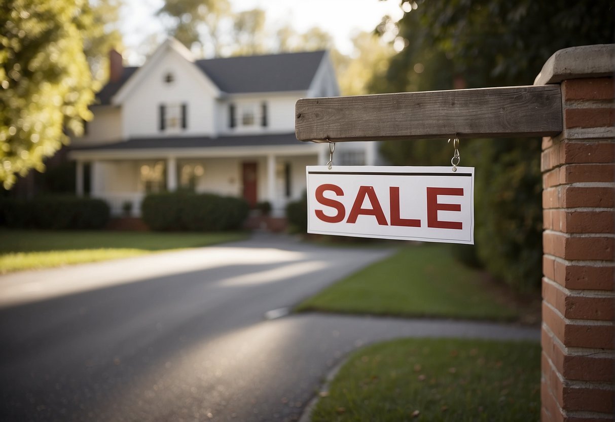 A house with a "For Sale" sign sits on a quiet street. The price is prominently displayed but no potential buyers are stopping to inquire