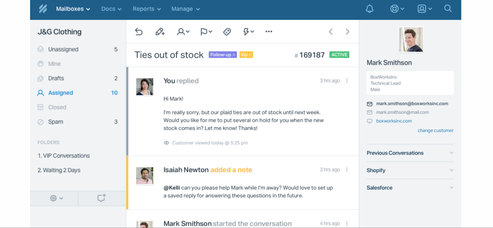 Image of a ticketing interface from Help Scout, a Freshdesk alternative. The active ticket titled 'Ties out of stock' shows a conversation between a support agent and a customer named Mark Smithson, with the agent apologizing for the unavailability of plaid ties and offering to reserve some upon restock. The sidebar displays customer information, including name, company, and contact details. Notes from another team member and links to previous conversations with Shopify and Salesforce are also visible.