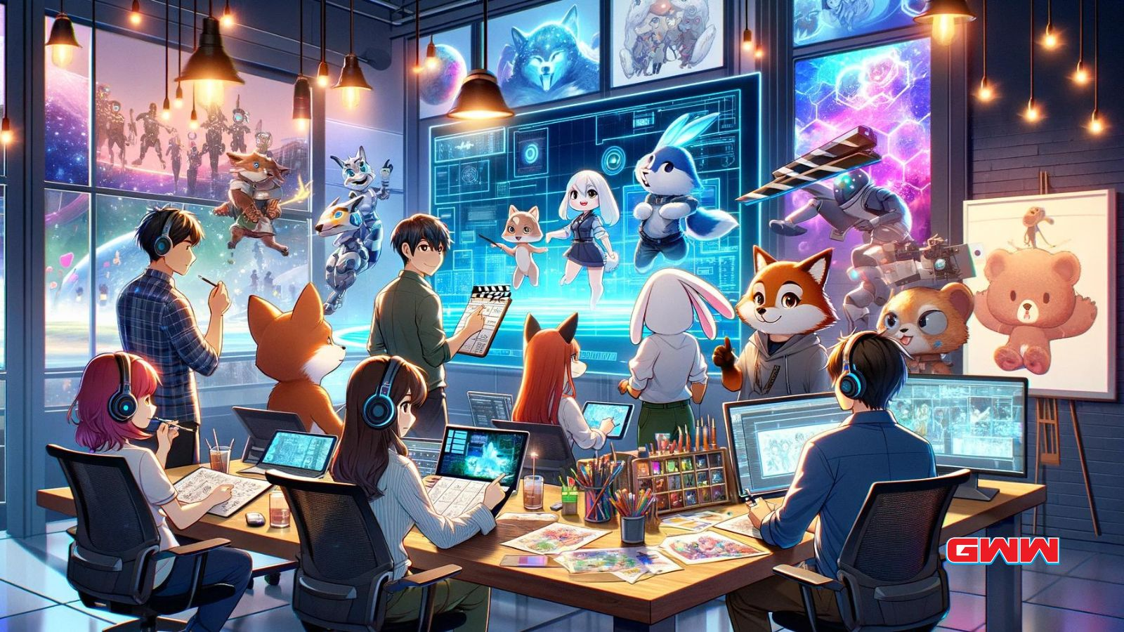 Una ilustración de estilo anime de un equipo creativo haciendo una lluvia de ideas en un estudio futurista.