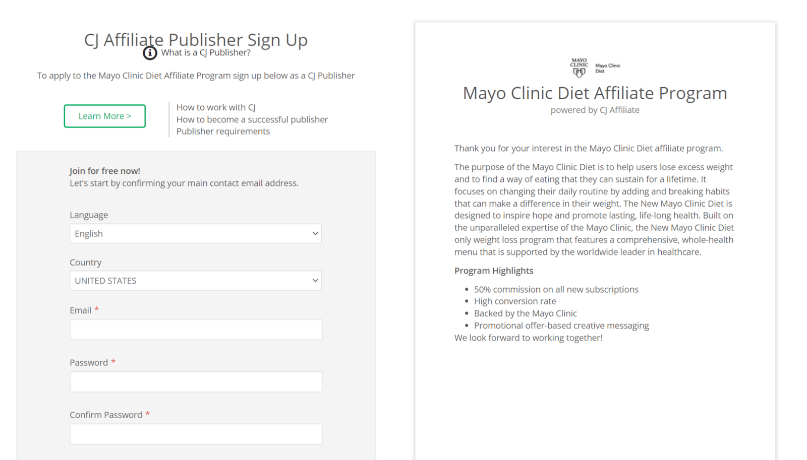 Mayo clinic diet affiliate programs sign up page