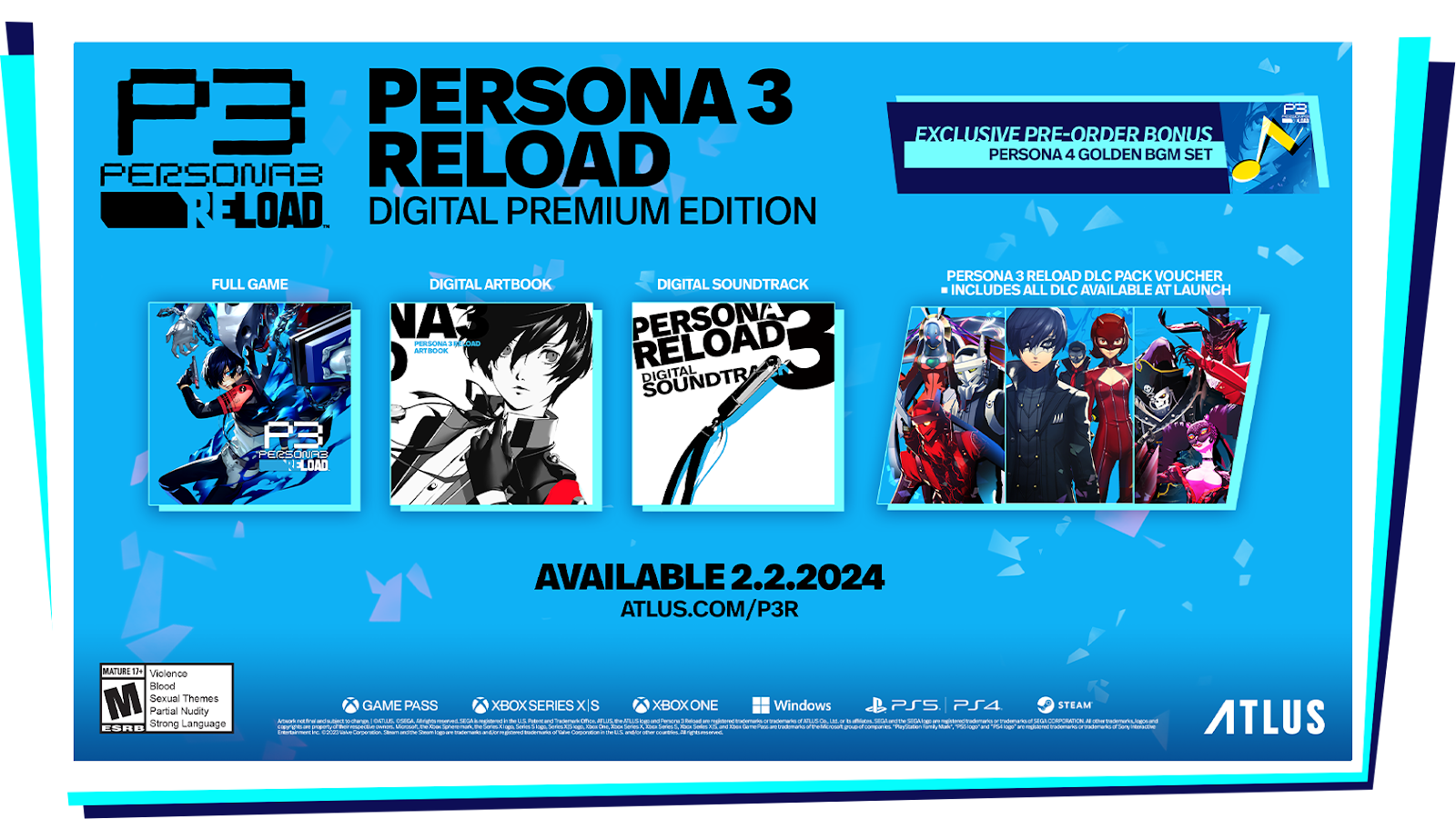 A promotional image showing what is included in the digital premium edition of Persona 3 Reload. 