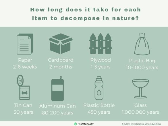 Image shows different products and the time it takes for them to decompose in nature. It says a plastic bottle takes 450 years to decompose, while a plastic bag can take up to 1000 years.