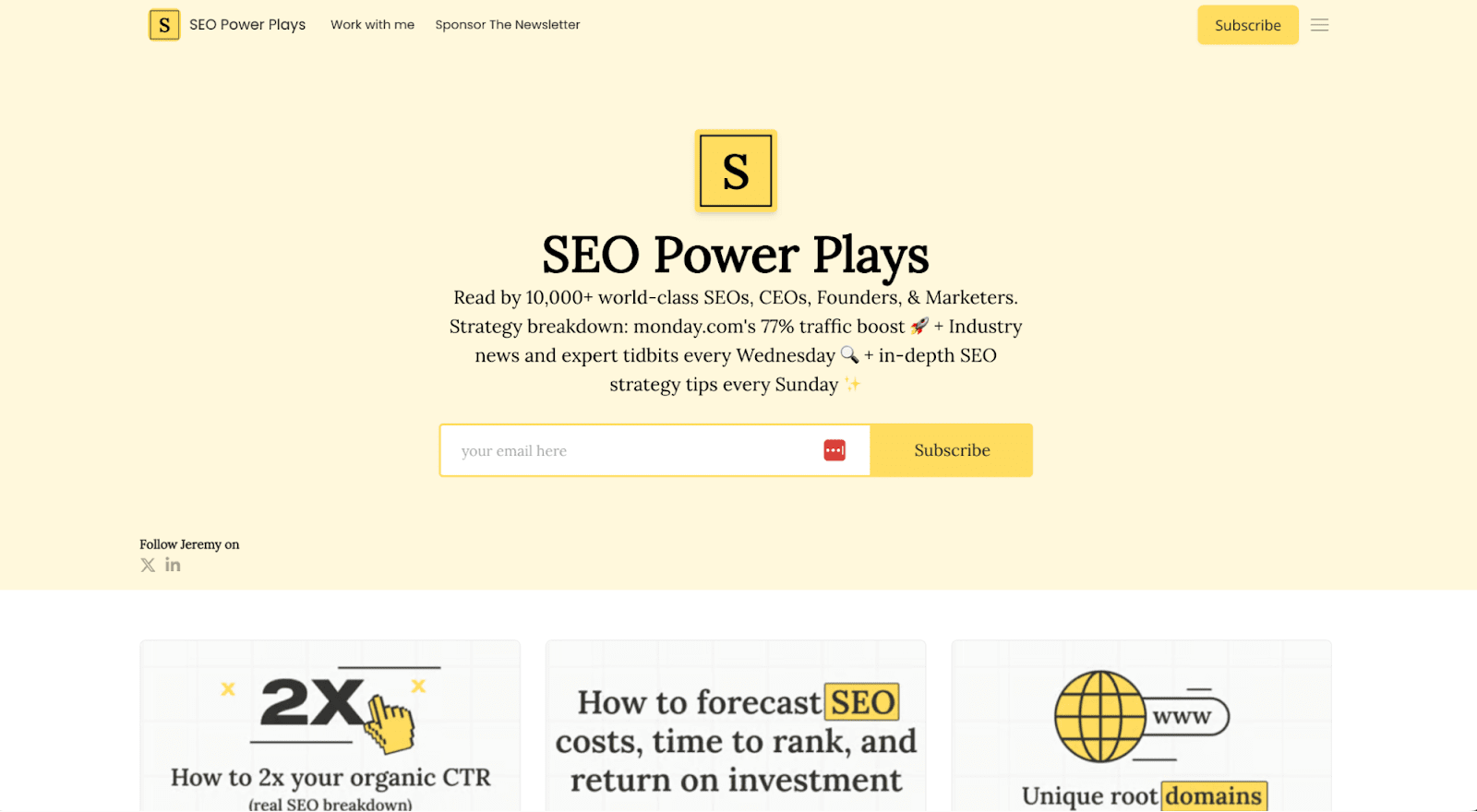 SEO powerplays newsletter landing page with featured posts
