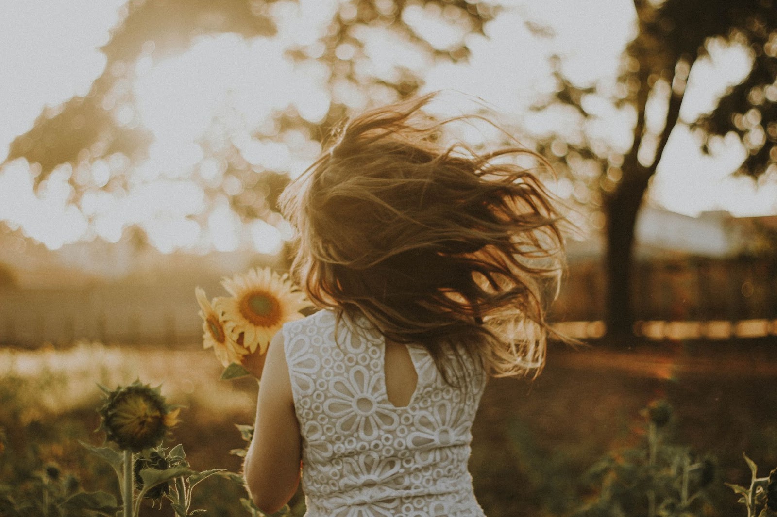 Petite fille cheveux au vent et tournesol à la main.
