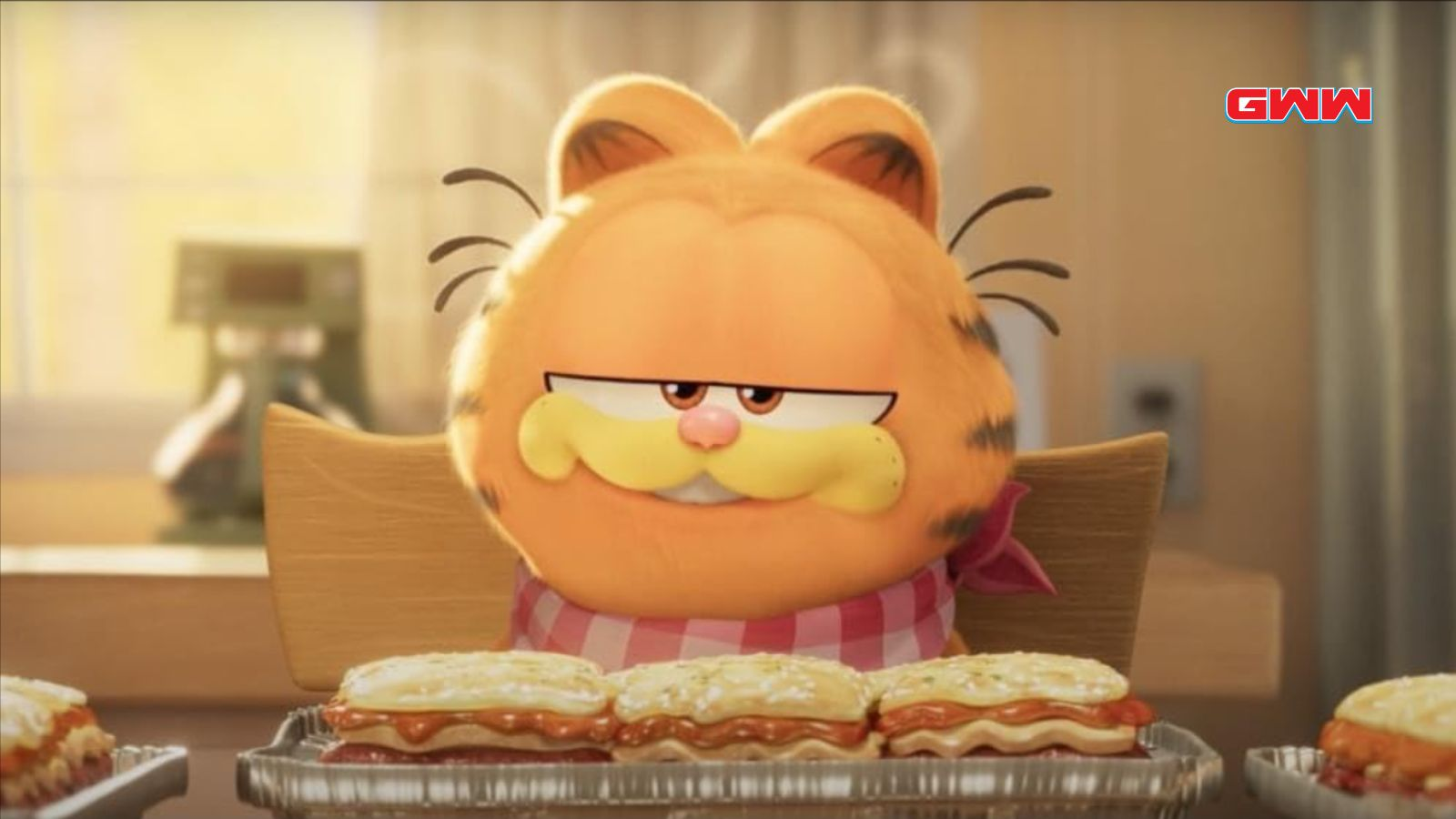Garfield eating lasagna on a table, The Garfield Movie trailer