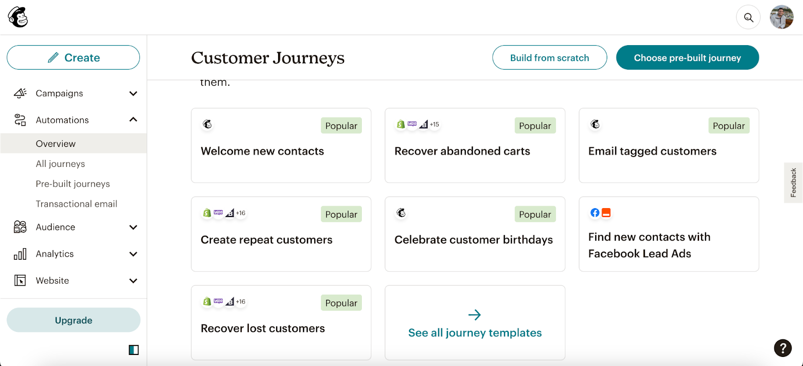 Mailchimp allows marketers to easily create different customer journeys