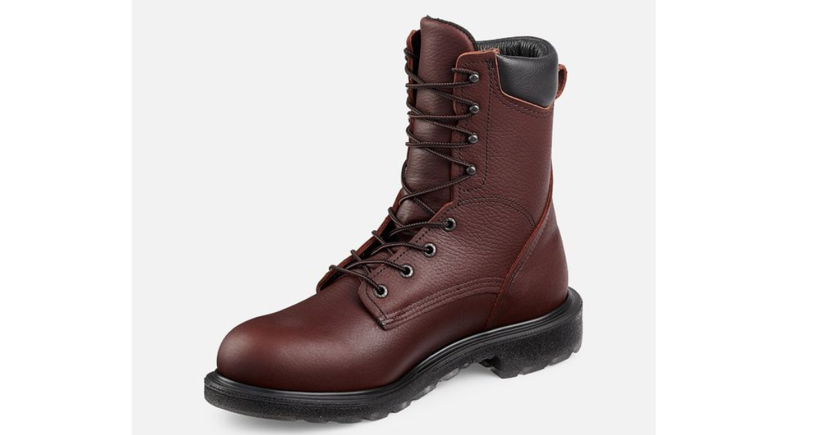 Product photo of Red Wing Men's Supersole 2.0 Soft Toe Boot, above ankle height, red leather and black outsole.