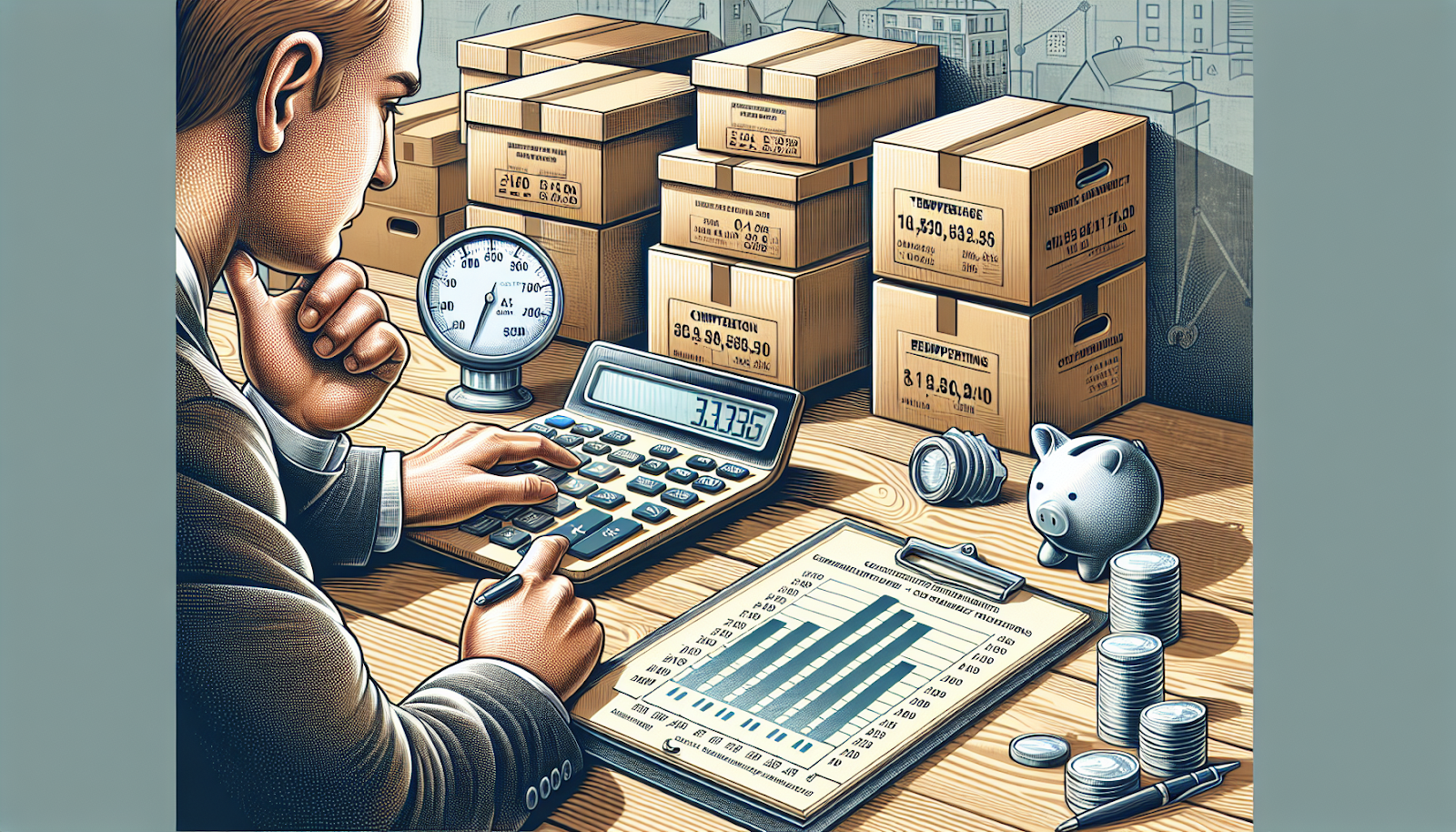 Person calculating cost considerations for renting a climate controlled storage unit