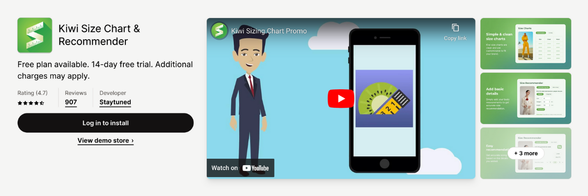 shopify app store listing page of Kiwi Size Chart & Recommender