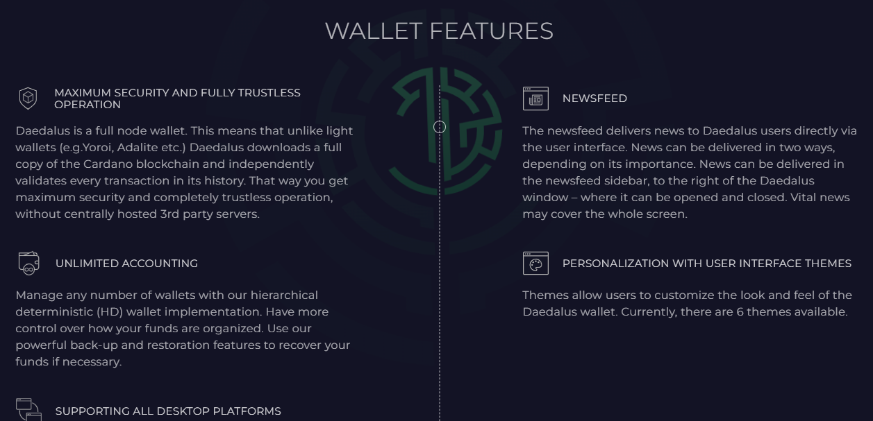 Daedalus wallet fonctionnalités