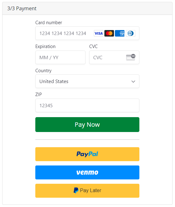 Credit card form on the checkout page