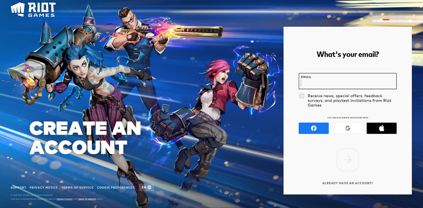 Screenshot van de Riot Games webpagina bij het aanmaken van een nieuw account