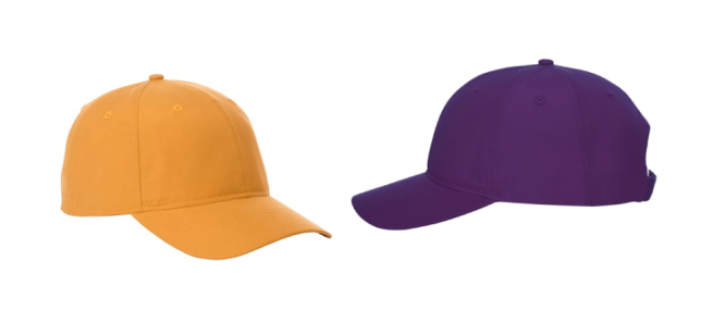 Screenshot of an orange ballcap and a purple ballcap. 