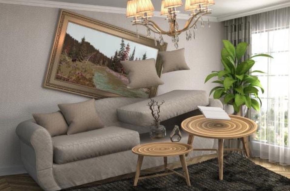 A living room with a couch and a chandelier

Description automatically generated