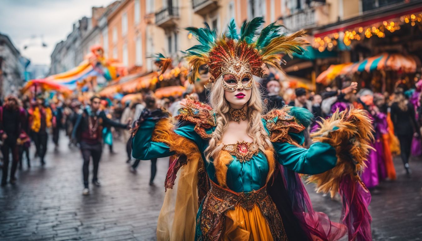 A vibrant carnival parade with colorful masks and costumes in the streets.