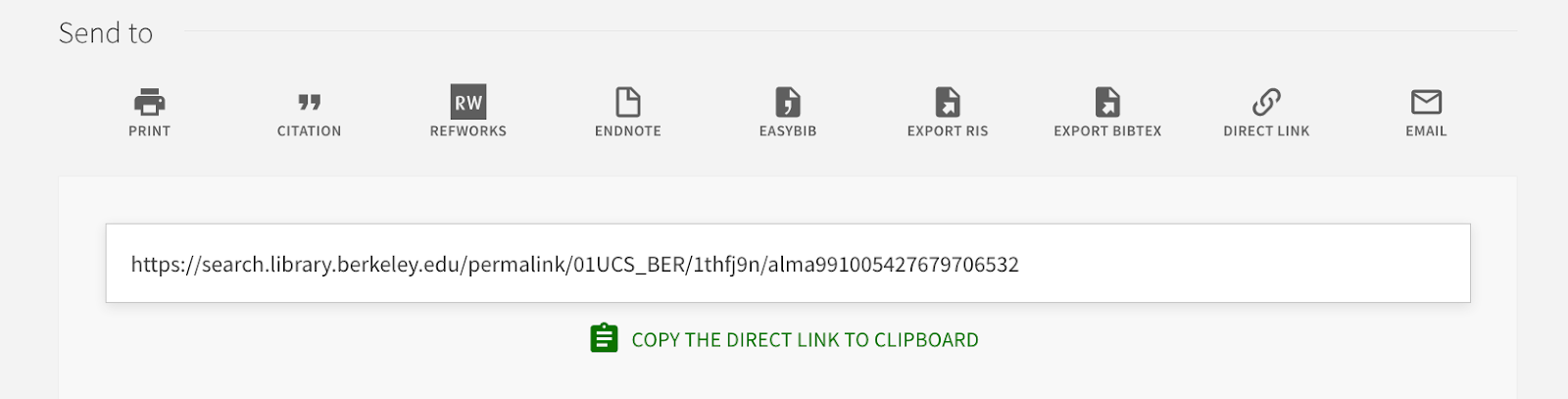 A screen capture showing the direct link text in UC Library Search