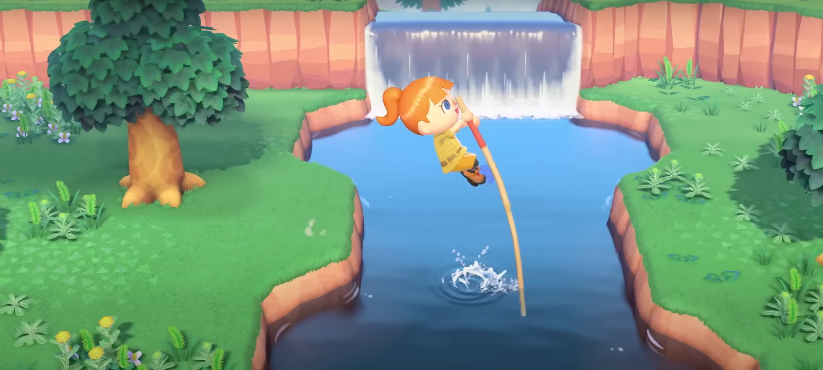 A trailer screenshot of the player character pole vaulting in Animal Crossing: New Horizons. 