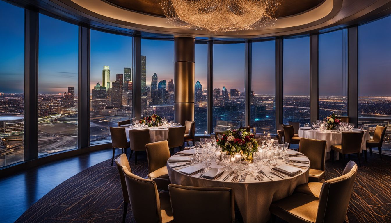 The Empire Room's elegant interior with a view of downtown Dallas.