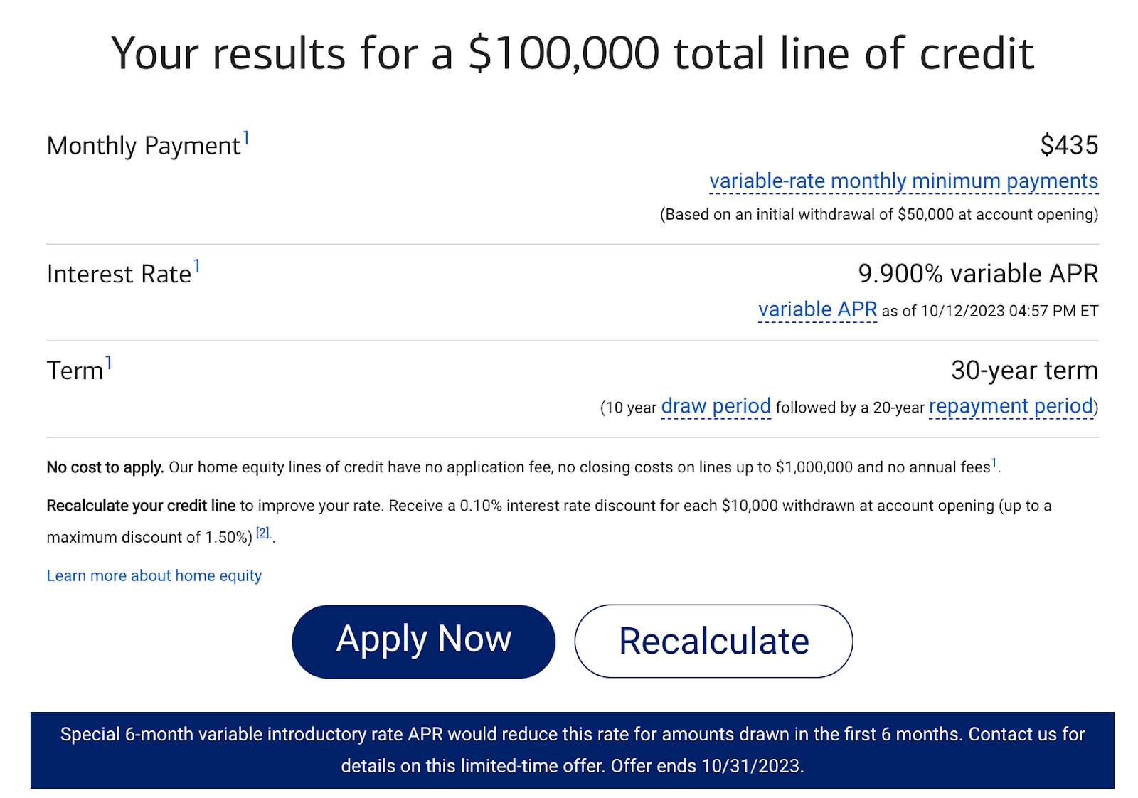 Image from Bank of America's home equity calculator showing monthly payments, interest rate, and term for a $100,000 line of credit