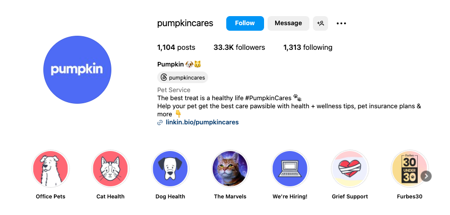 Clean example of a link in bio from Pumpkin Cares