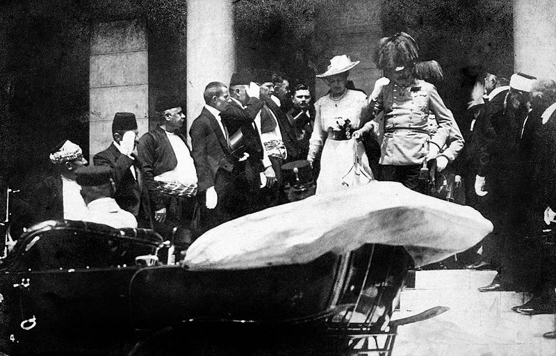 Archduke Franz Ferdinand and his wife, Duchess Sophie, as they leave Sarajevo Town Hall and head toward their car, moments before their assassination