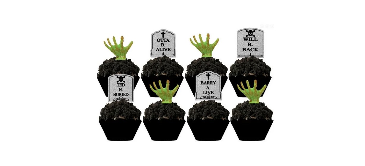 Halloween party tombstone graveyard cupcake picks on white background